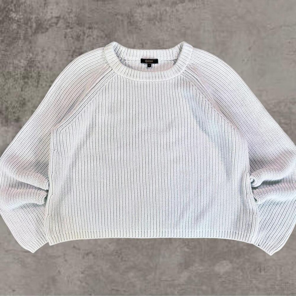 Quince knit 100% Organic Cotton Fisherman Crew Sweater, Ivory Size L cropped EUC
